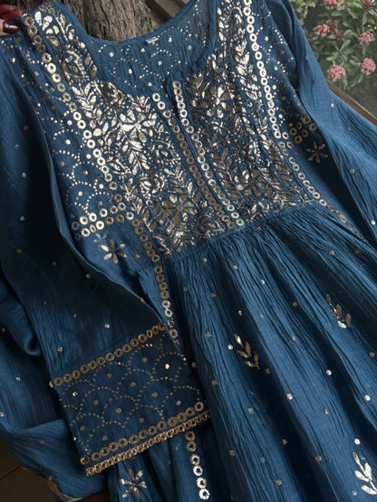 Dark Grey Blue Shade Mukaish Mul Chanderi Silk Dress