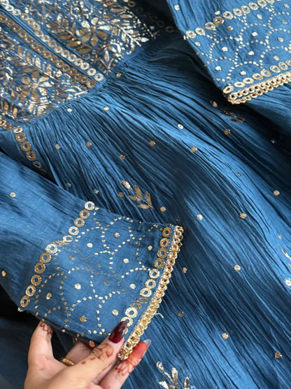 Dark Grey Blue Shade Mukaish Mul Chanderi Silk Dress