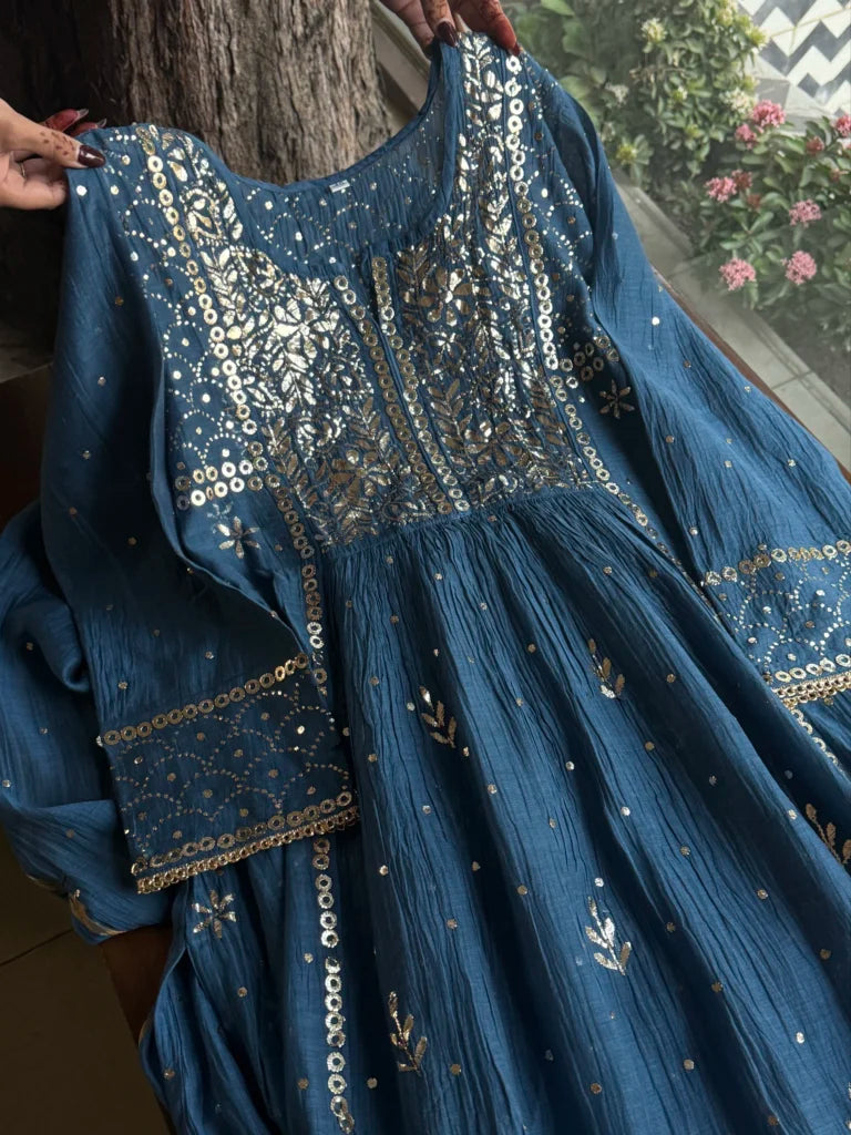 Dark Grey Blue Shade Mukaish Mul Chanderi Silk Dress