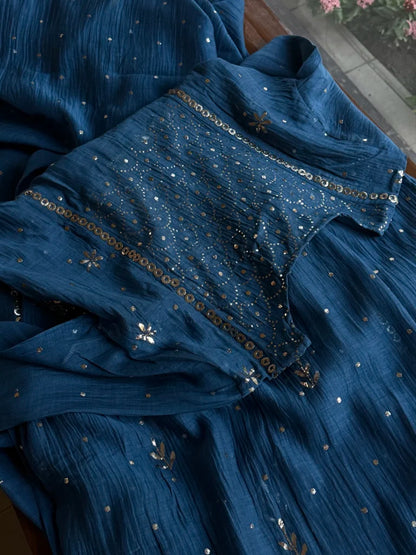 Dark Grey Blue Shade Mukaish Mul Chanderi Silk Dress