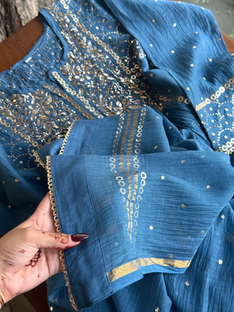 Dark Grey Blue Shade Mukaish Mul Chanderi Silk Dress