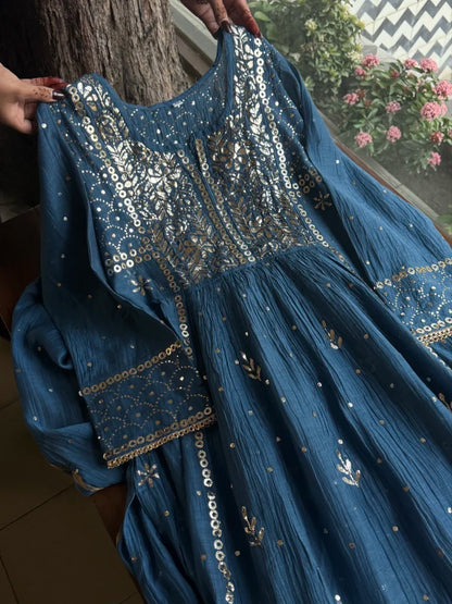 Dark Grey Blue Shade Mukaish Mul Chanderi Silk Dress