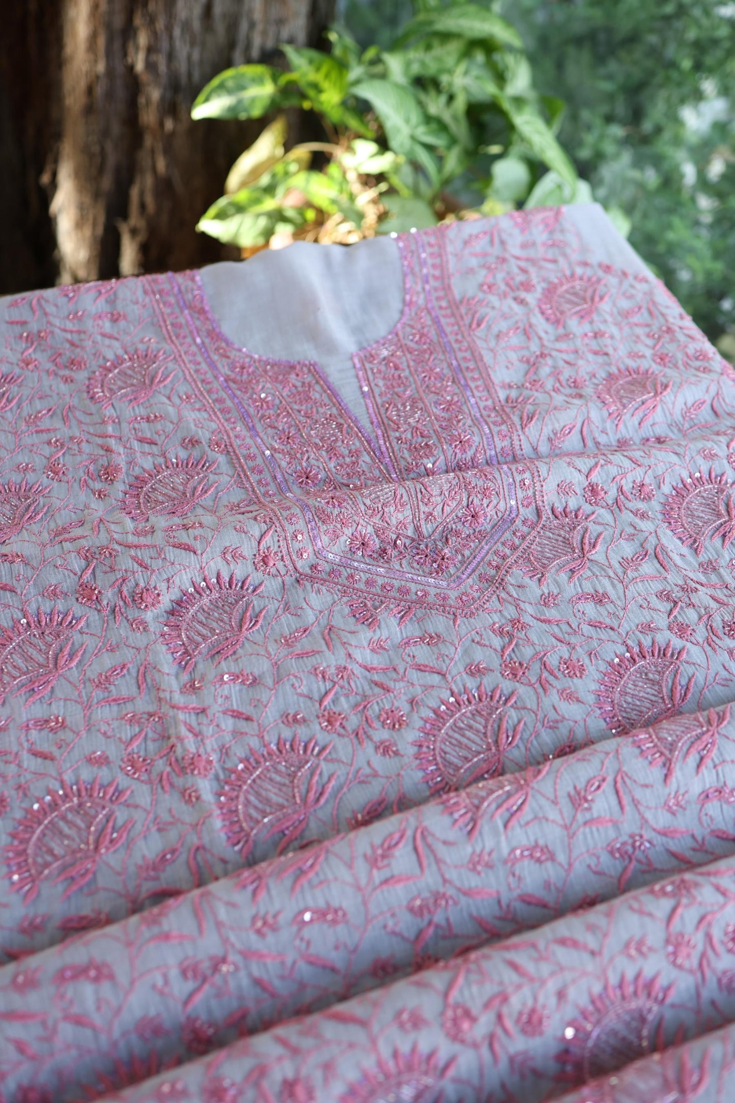 Dark Grey Shade Chanderi Silk Mukaish Badla Unstitched Fabric