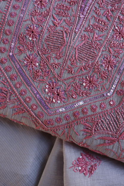 Dark Grey Shade Chanderi Silk Mukaish Badla Unstitched Fabric