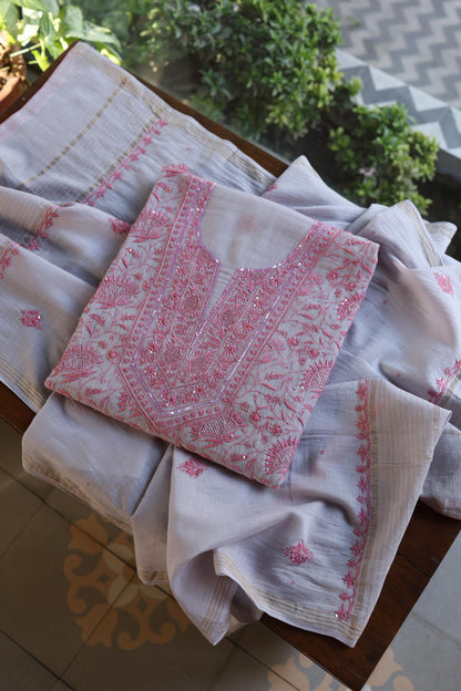 Dark Grey Shade Chanderi Silk Mukaish Badla Unstitched Fabric