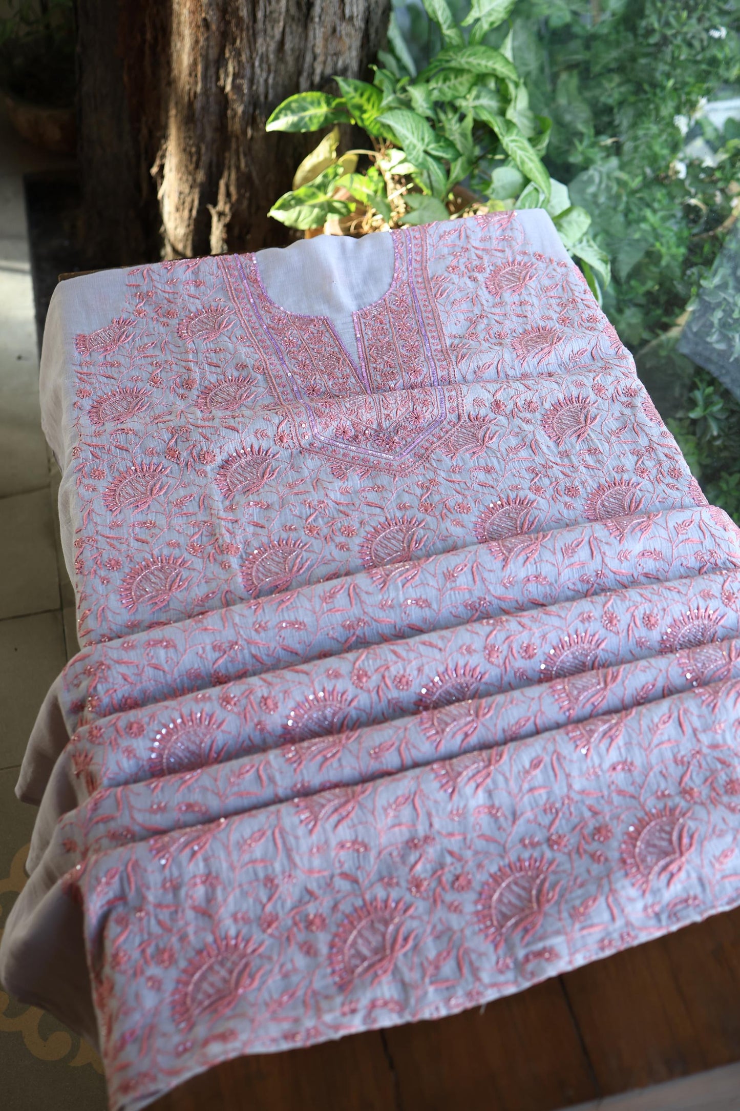 Dark Grey Shade Chanderi Silk Mukaish Badla Unstitched Fabric