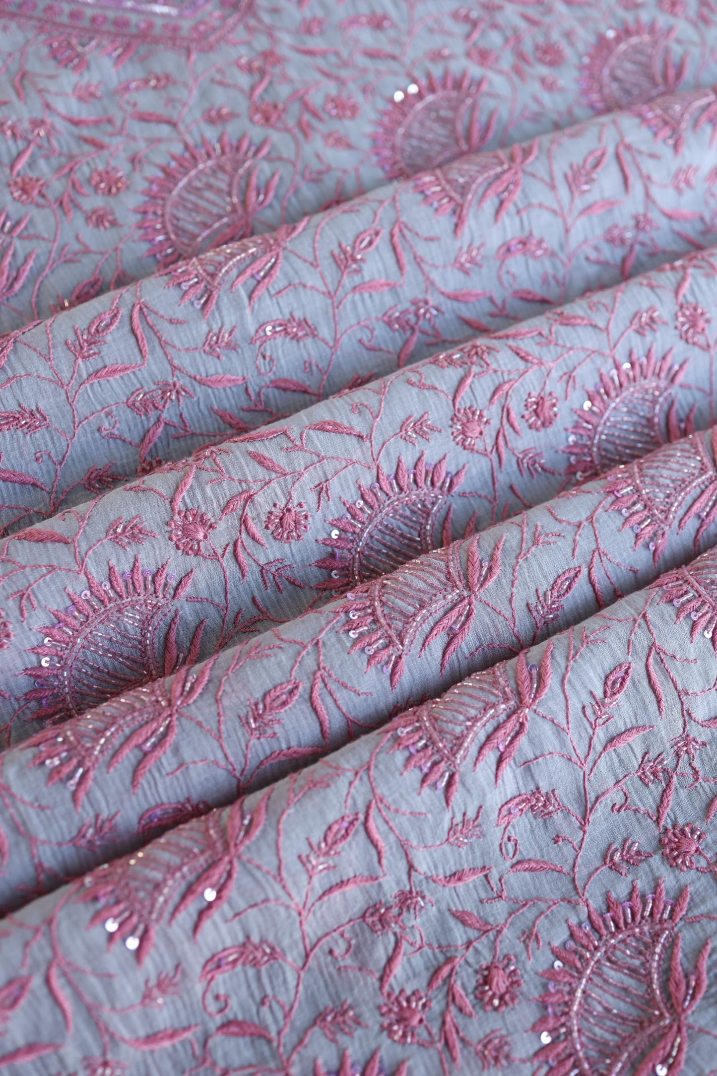 Dark Grey Shade Chanderi Silk Mukaish Badla Unstitched Fabric