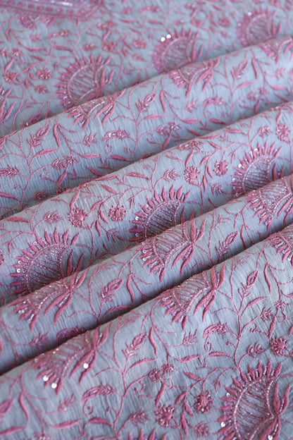 Dark Grey Shade Chanderi Silk Mukaish Badla Unstitched Fabric