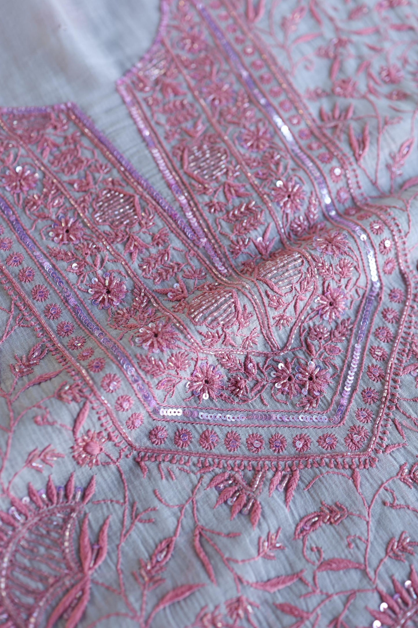 Dark Grey Shade Chanderi Silk Mukaish Badla Unstitched Fabric