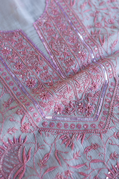 Dark Grey Shade Chanderi Silk Mukaish Badla Unstitched Fabric