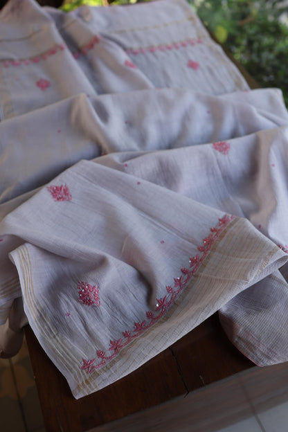 Dark Grey Shade Chanderi Silk Mukaish Badla Unstitched Fabric