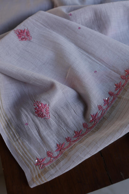 Dark Grey Shade Chanderi Silk Mukaish Badla Unstitched Fabric