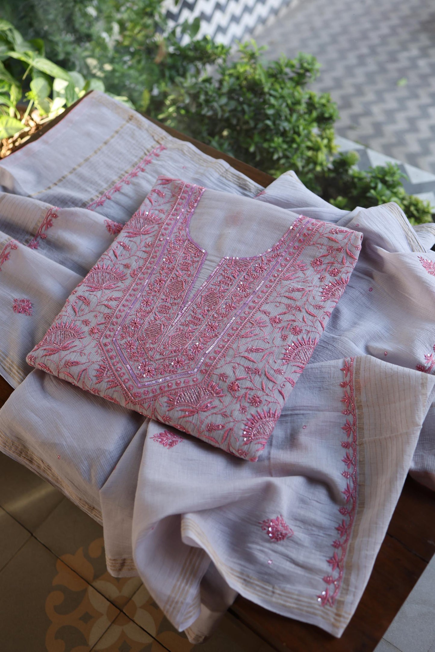 Dark Grey Shade Chanderi Silk Mukaish Badla Unstitched Fabric