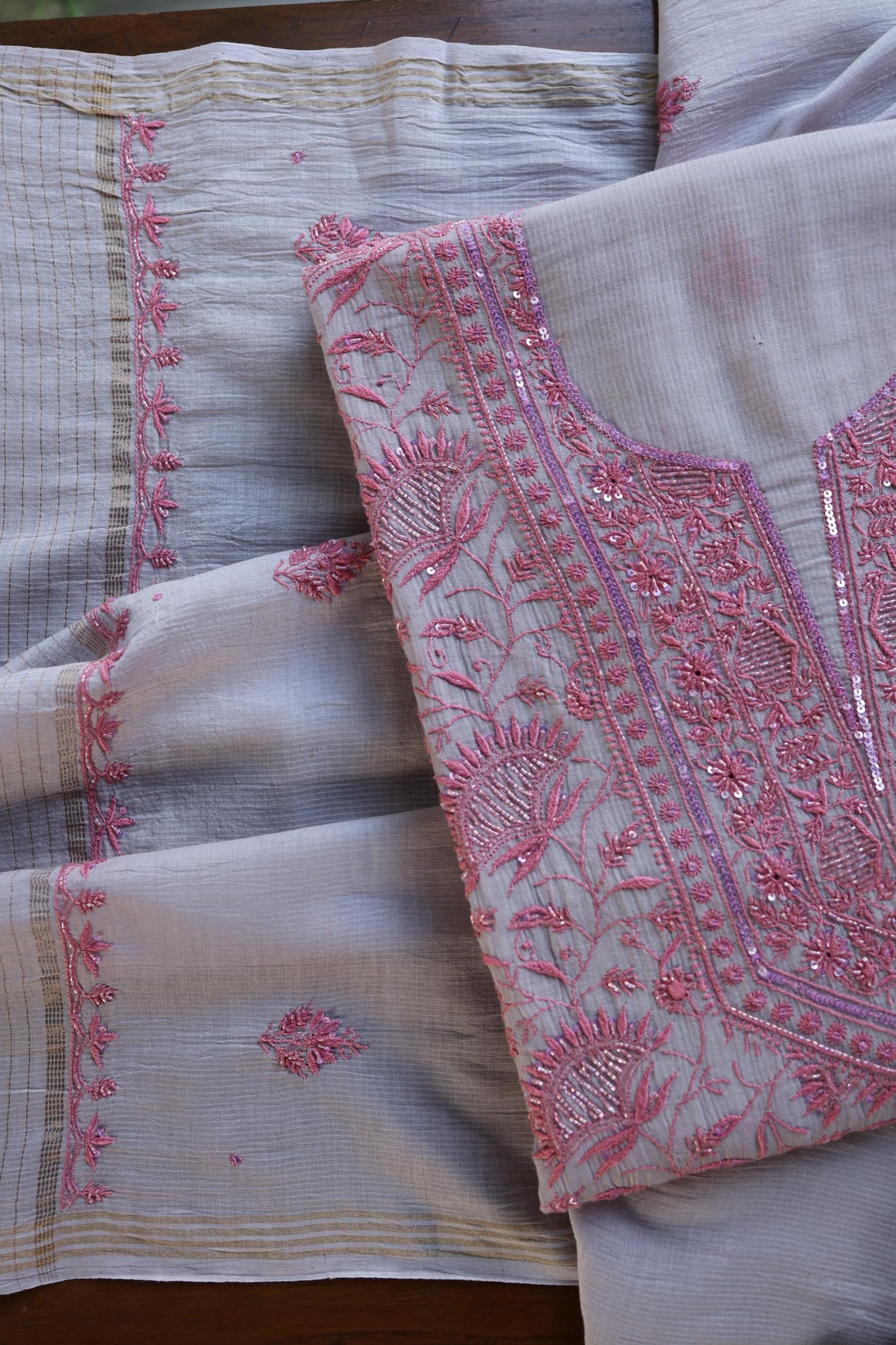 Dark Grey Shade Chanderi Silk Mukaish Badla Unstitched Fabric