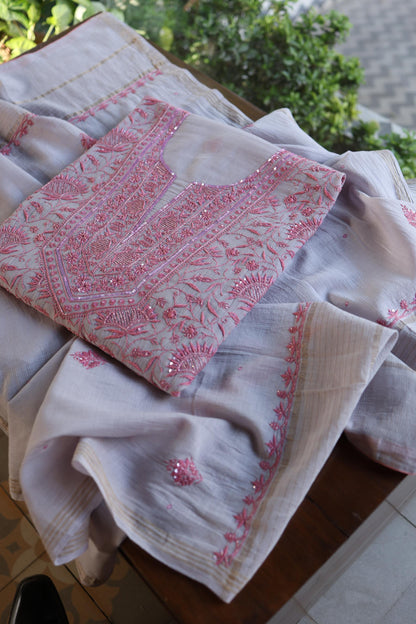 Dark Grey Shade Chanderi Silk Mukaish Badla Unstitched Fabric