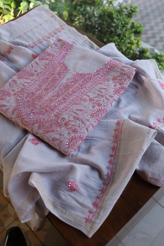 Dark Grey Shade Chanderi Silk Mukaish Badla Unstitched Fabric