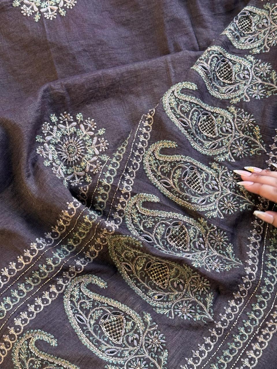 Dark Grey Tissue Silk Fine Chikankari Boota Dupatta