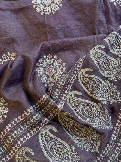 Dark Grey Tissue Silk Fine Chikankari Boota Dupatta