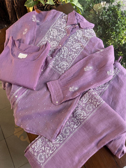 Dark Mauve Shade Tissue Silk Chikankari Co-Ord Set