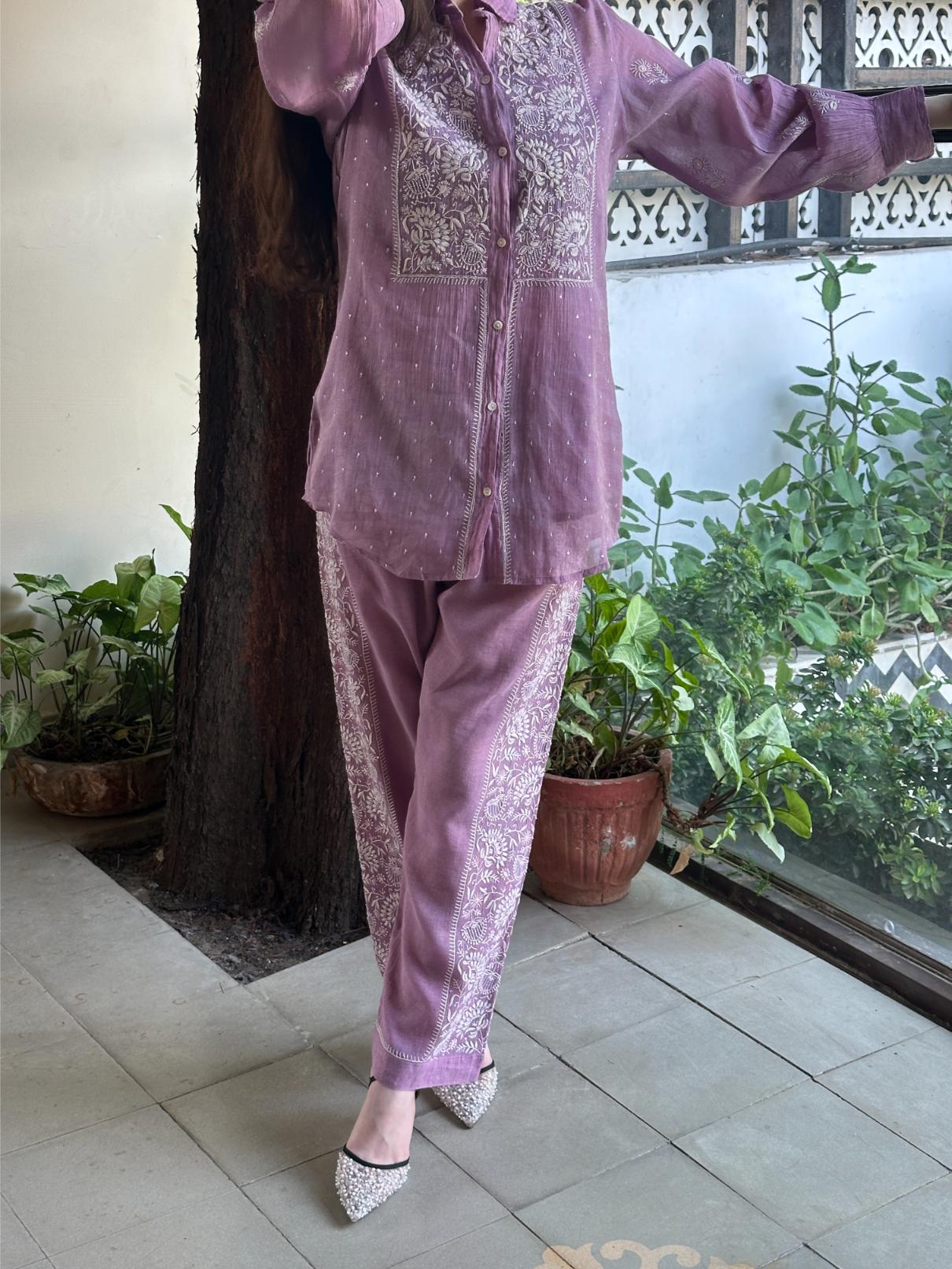 Dark Mauve Shade Tissue Silk Chikankari Co-Ord Set