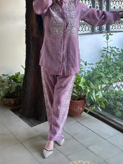 Dark Mauve Shade Tissue Silk Chikankari Co-Ord Set