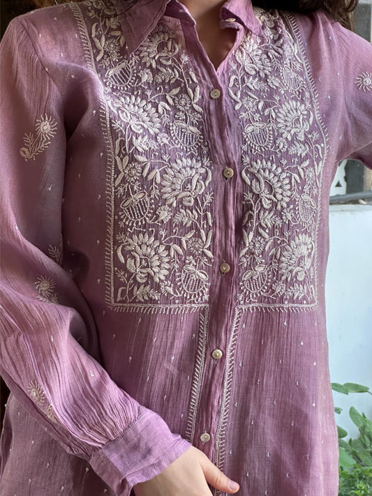 Dark Mauve Shade Tissue Silk Chikankari Co-Ord Set