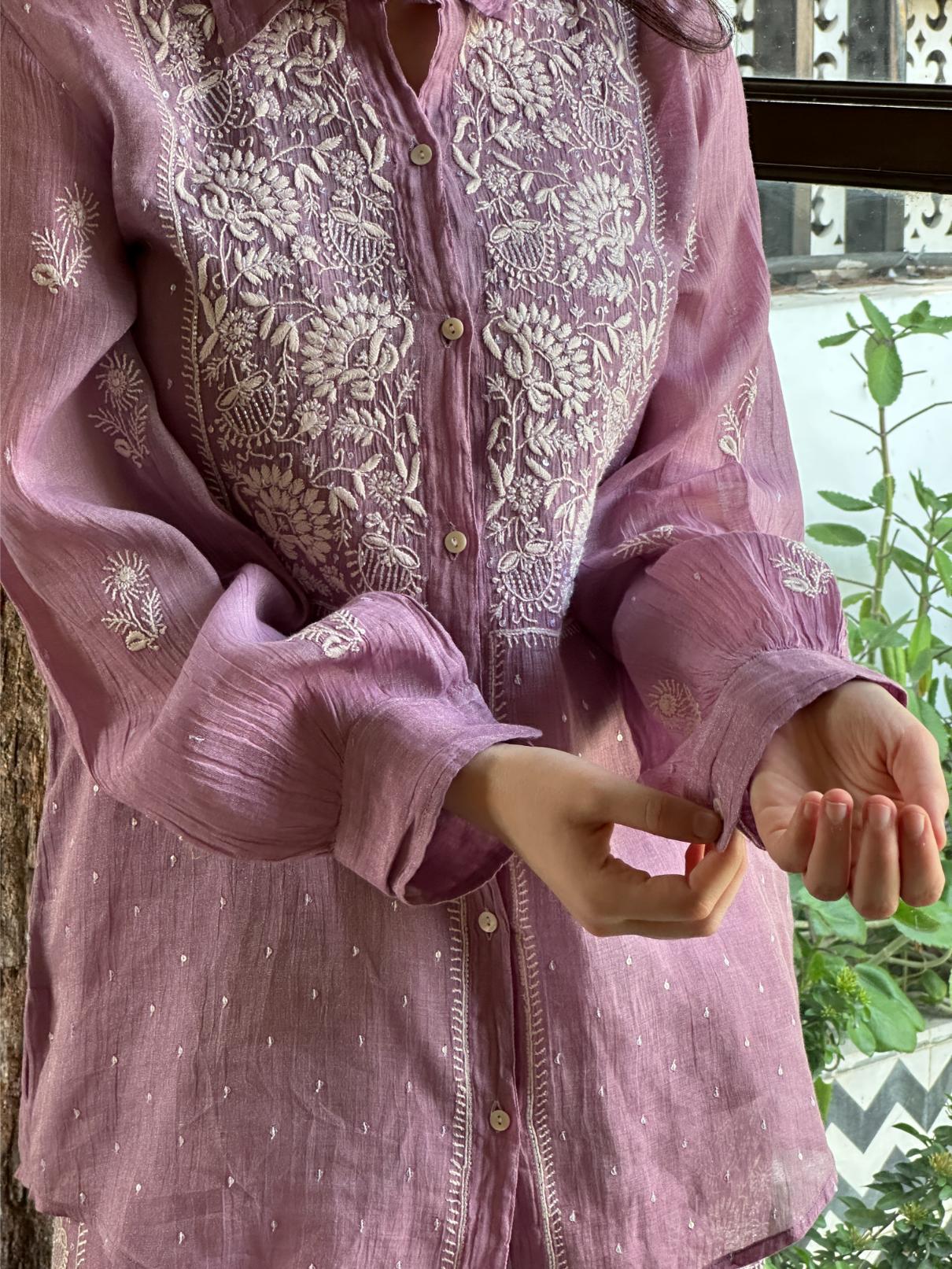 Dark Mauve Shade Tissue Silk Chikankari Co-Ord Set