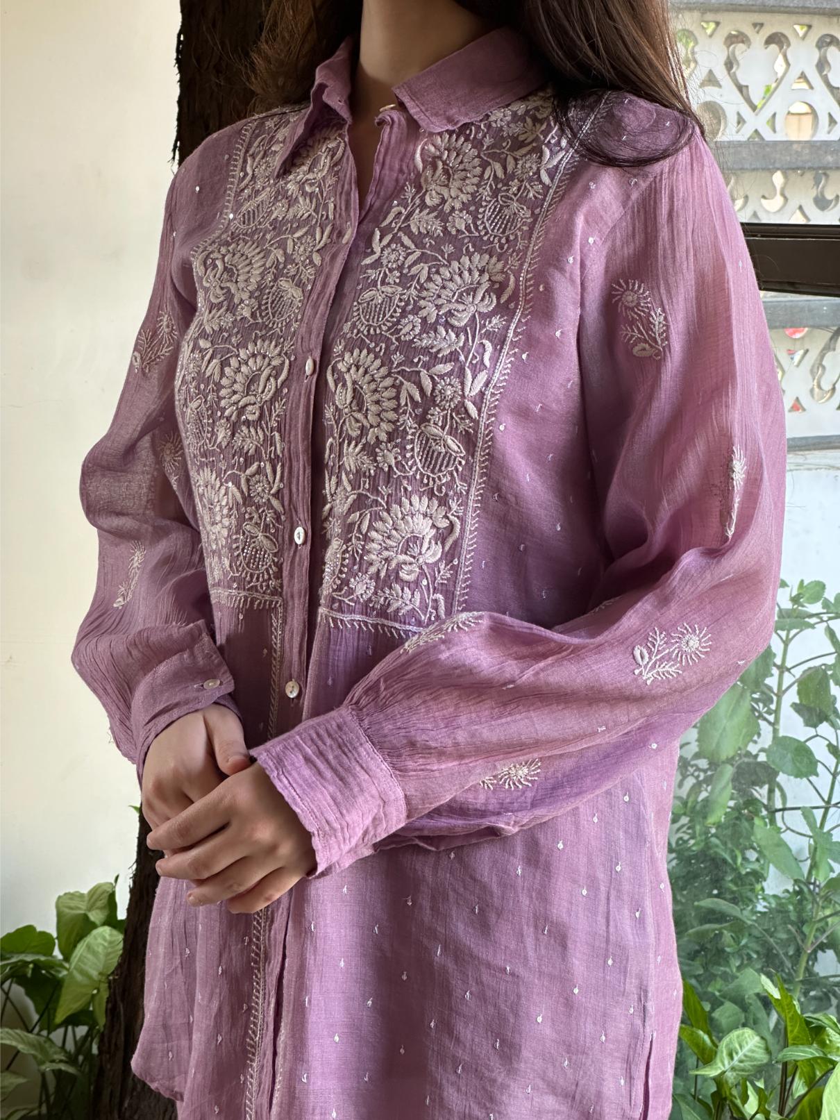 Dark Mauve Shade Tissue Silk Chikankari Co-Ord Set