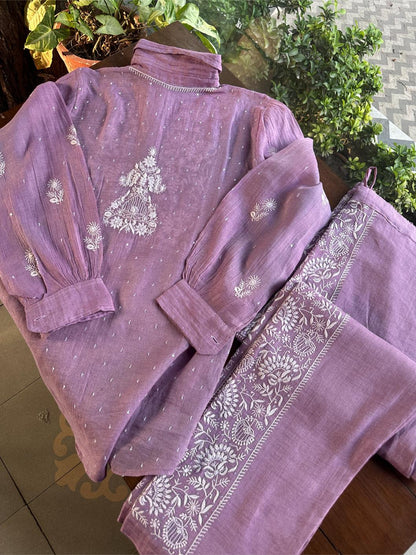 Dark Mauve Shade Tissue Silk Chikankari Co-Ord Set