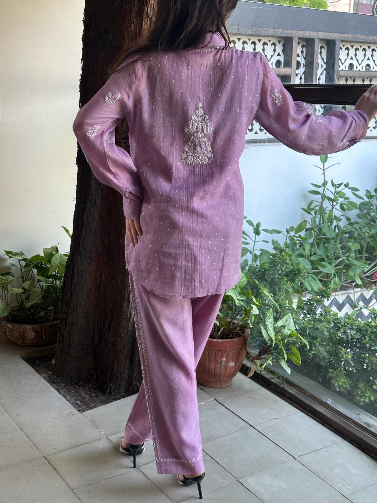 Dark Mauve Shade Tissue Silk Chikankari Co-Ord Set