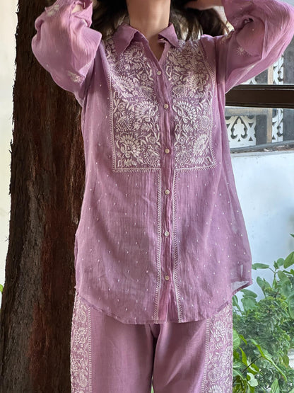 Dark Mauve Shade Tissue Silk Chikankari Co-Ord Set