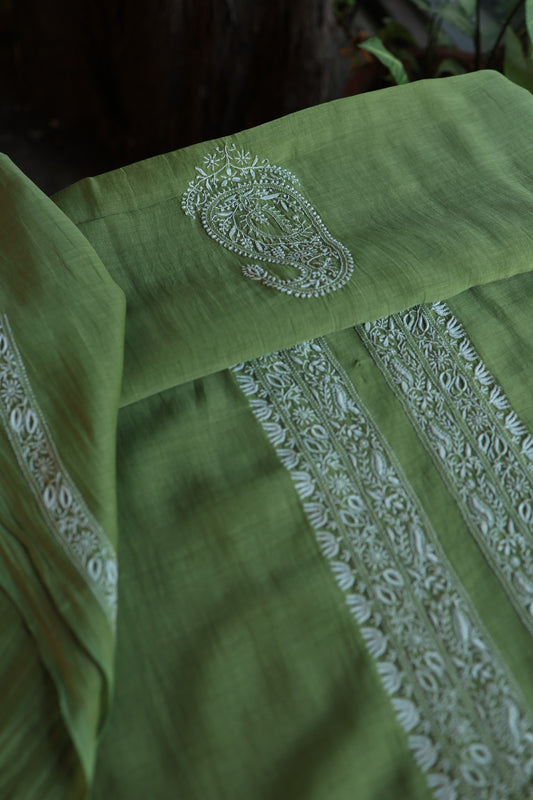 Dark Olive Green Mulmul Chikankari Unstitched Men's Kurtas Fabric