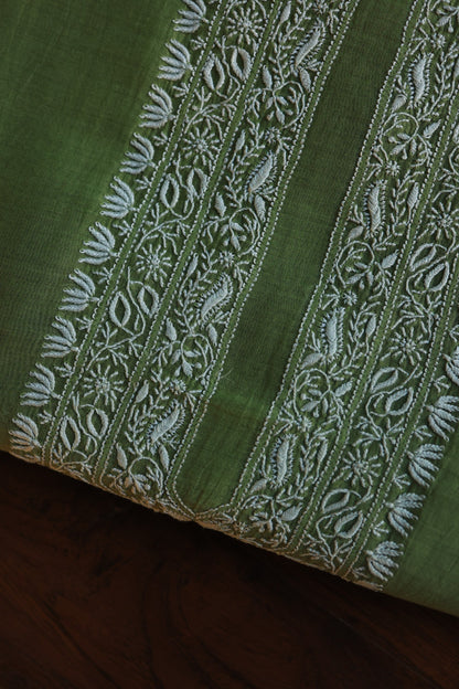 Dark Olive Green Mulmul Chikankari Unstitched Men's Kurtas Fabric