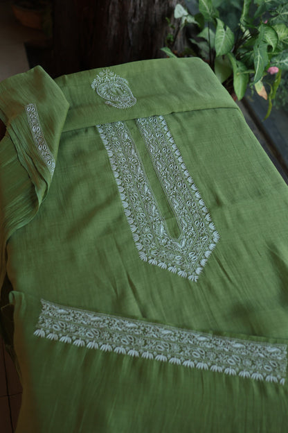 Dark Olive Green Mulmul Chikankari Unstitched Men's Kurtas Fabric