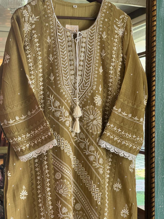 Dark Olive Shade Mulmul Pearl White Chikankari Ready to Wear Kurta Set