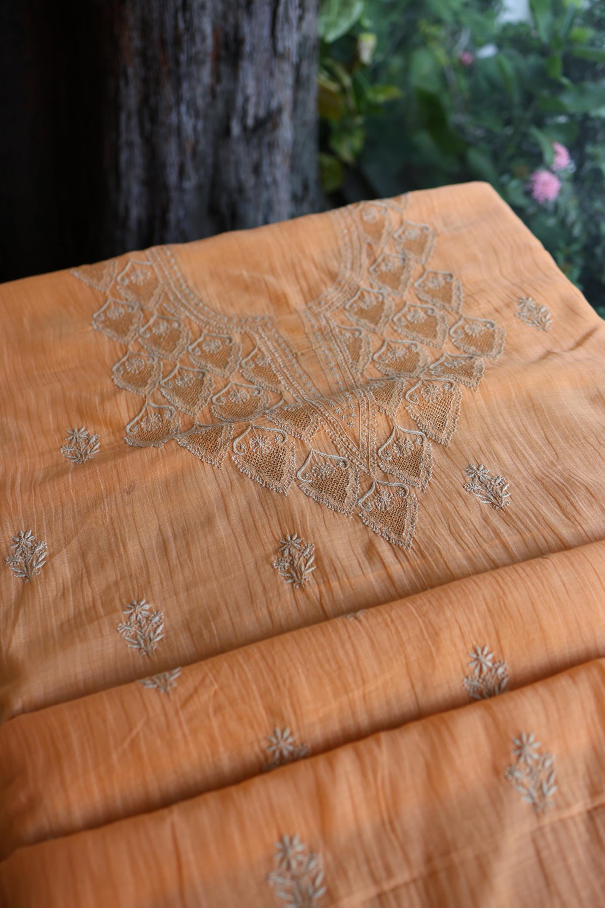 Dark Peach Mal Chanderi Chikankari Unstitched Kurta & Dupatta Set