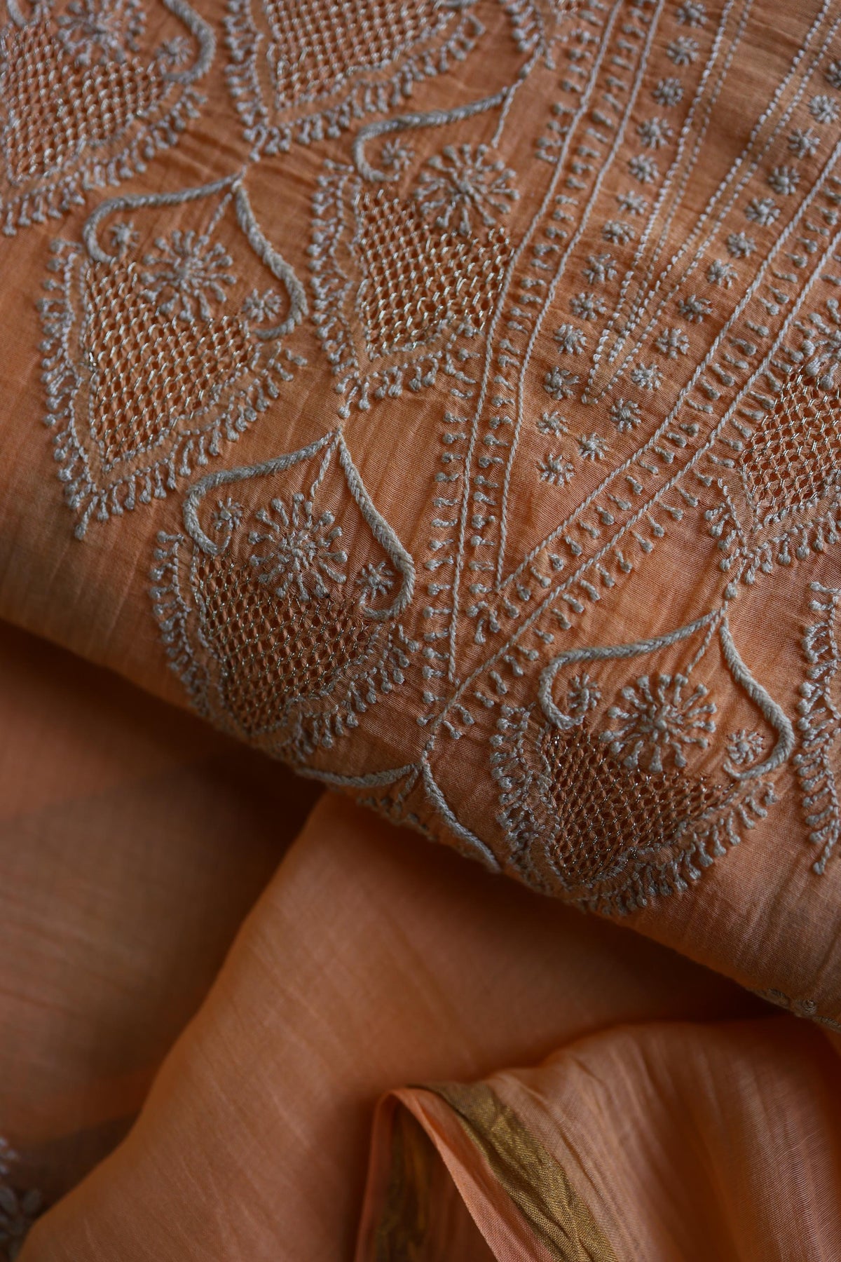 Dark Peach Mal Chanderi Chikankari Unstitched Kurta & Dupatta Set
