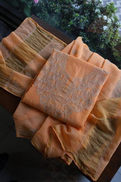 Dark Peach Mal Chanderi Chikankari Unstitched Kurta & Dupatta Set