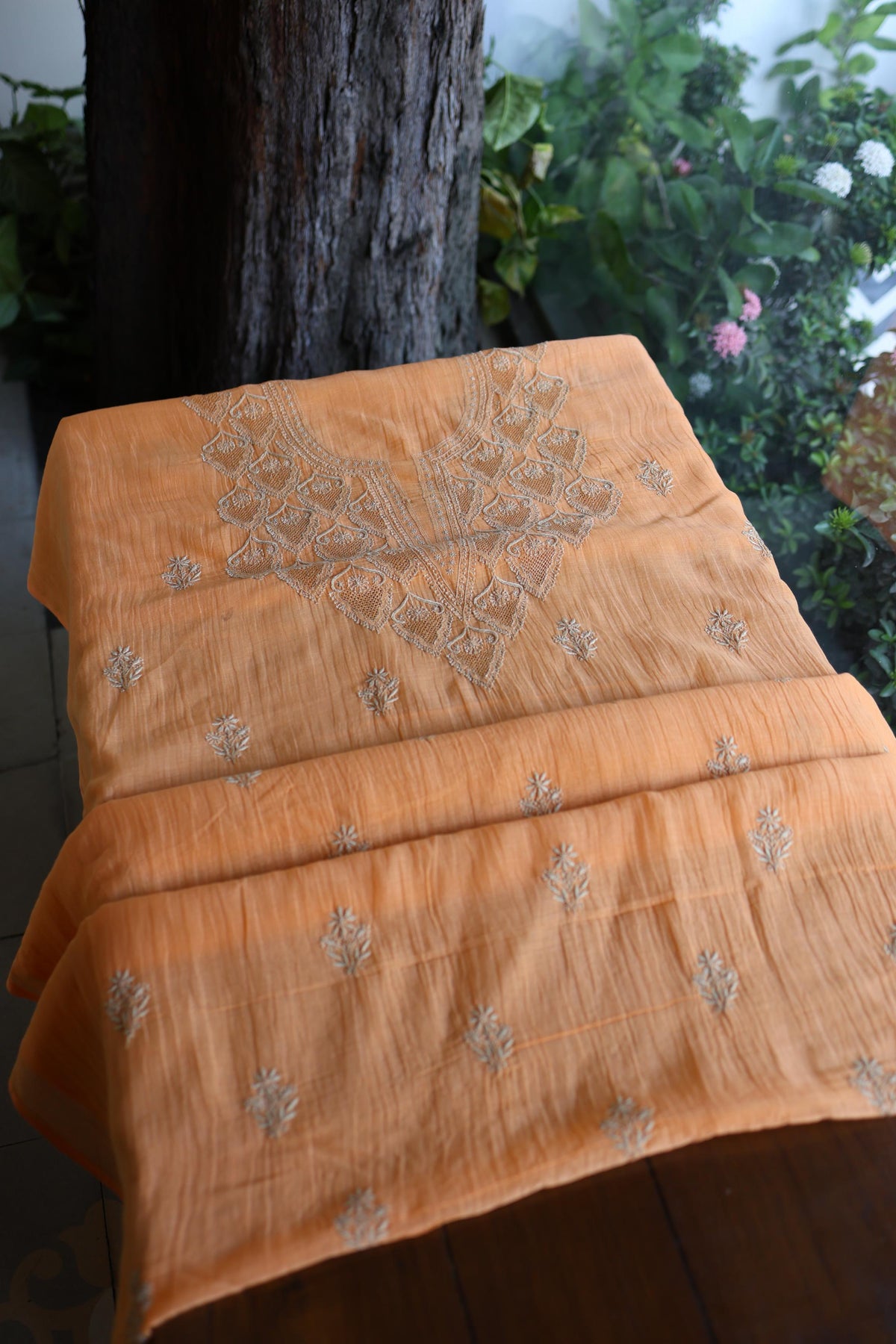 Dark Peach Mal Chanderi Chikankari Unstitched Kurta & Dupatta Set