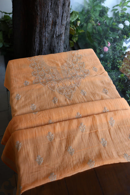 Dark Peach Mal Chanderi Chikankari Unstitched Kurta & Dupatta Set