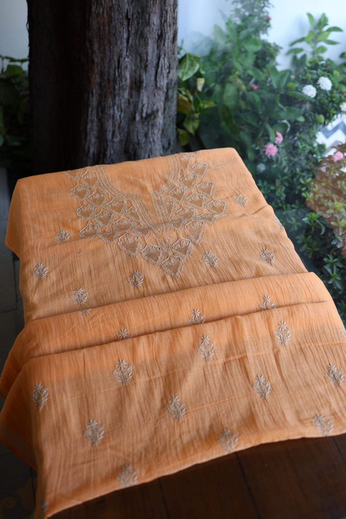 Dark Peach Mal Chanderi Chikankari Unstitched Kurta & Dupatta Set