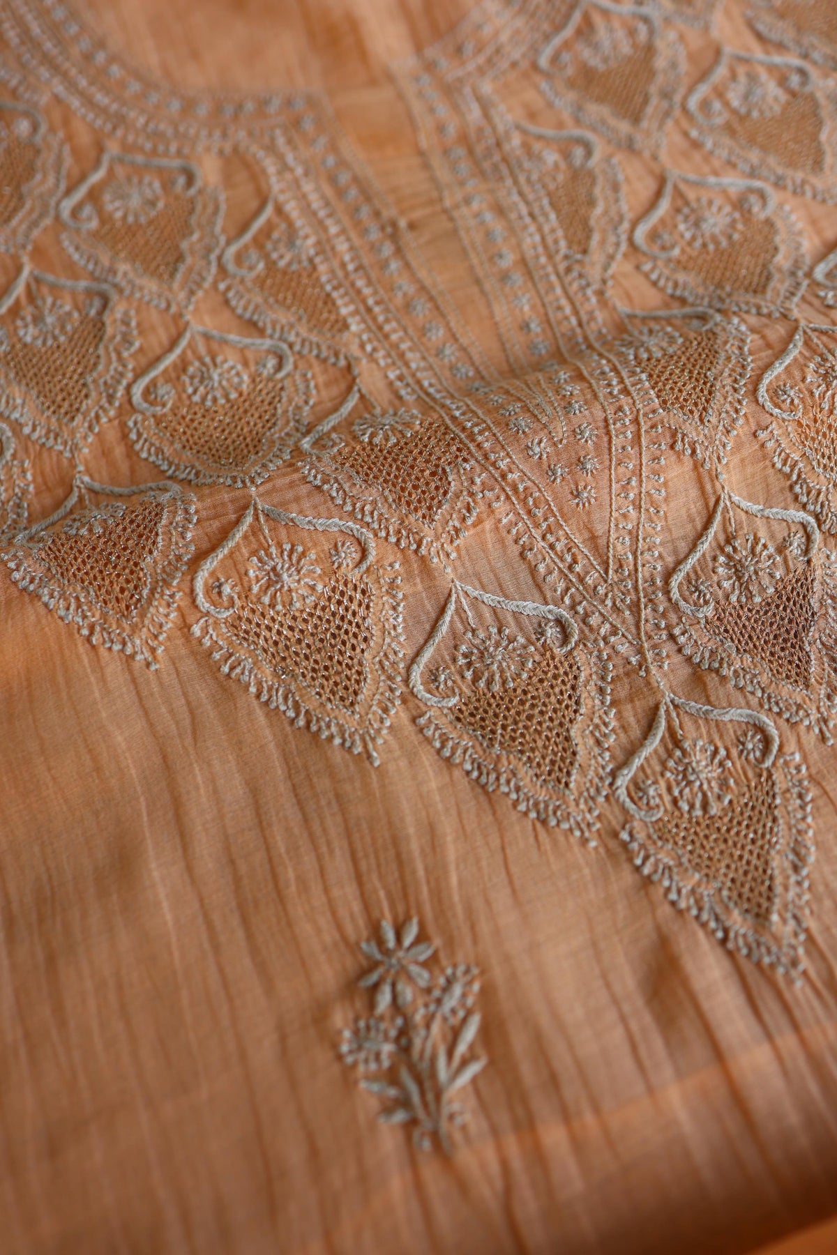 Dark Peach Mal Chanderi Chikankari Unstitched Kurta & Dupatta Set