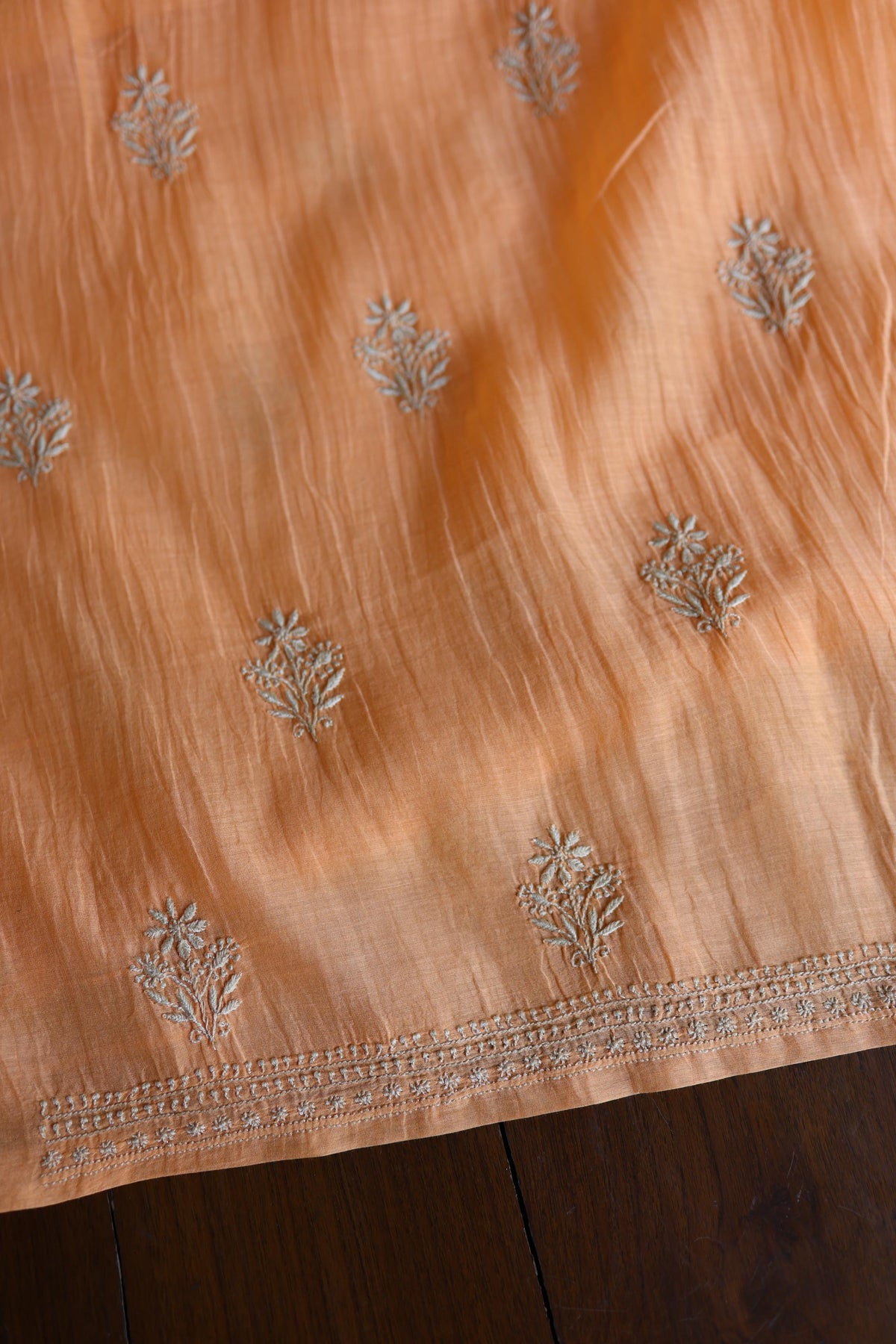 Dark Peach Mal Chanderi Chikankari Unstitched Kurta & Dupatta Set