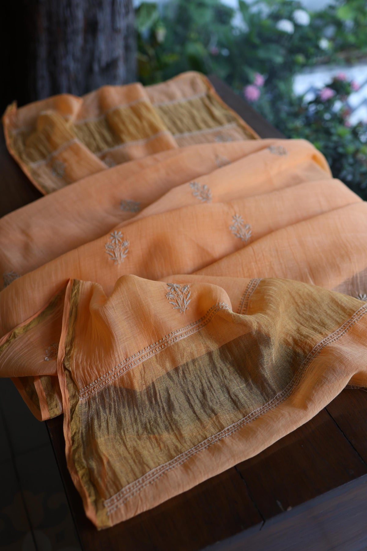 Dark Peach Mal Chanderi Chikankari Unstitched Kurta & Dupatta Set