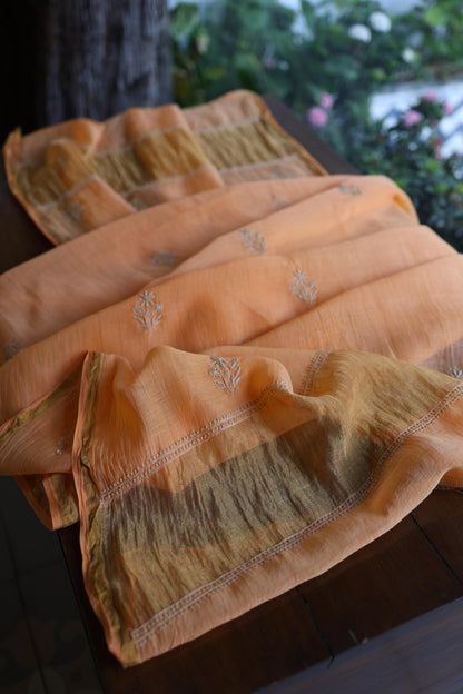 Dark Peach Mal Chanderi Chikankari Unstitched Kurta & Dupatta Set
