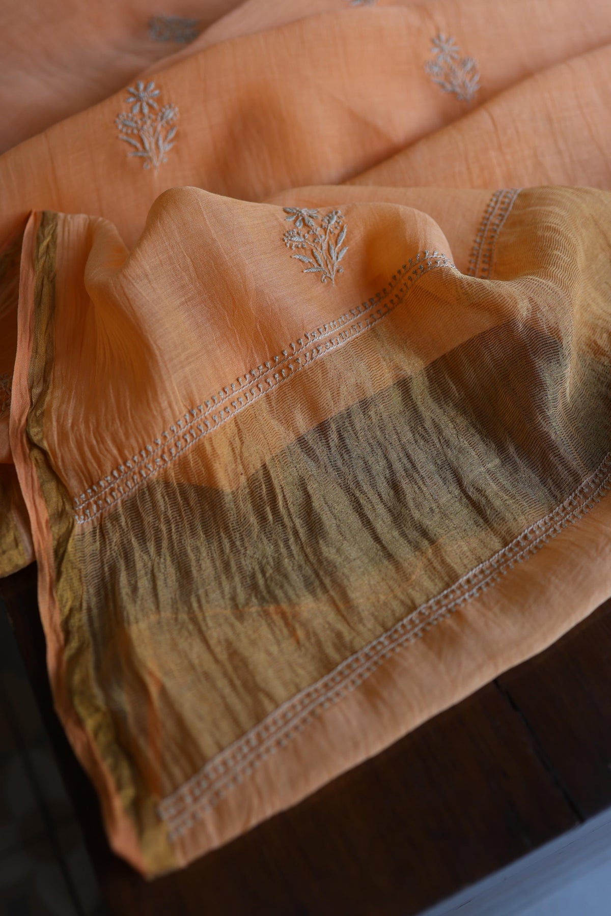Dark Peach Mal Chanderi Chikankari Unstitched Kurta & Dupatta Set