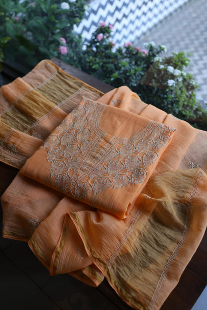 Dark Peach Mal Chanderi Chikankari Unstitched Kurta & Dupatta Set