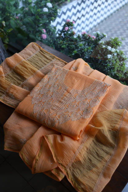 Dark Peach Mal Chanderi Chikankari Unstitched Kurta & Dupatta Set