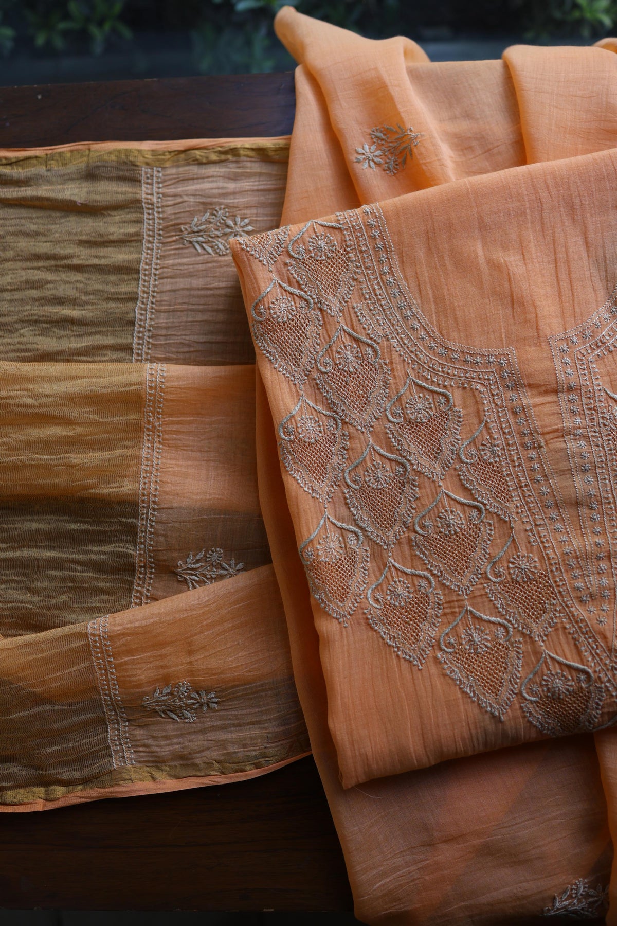 Dark Peach Mal Chanderi Chikankari Unstitched Kurta & Dupatta Set