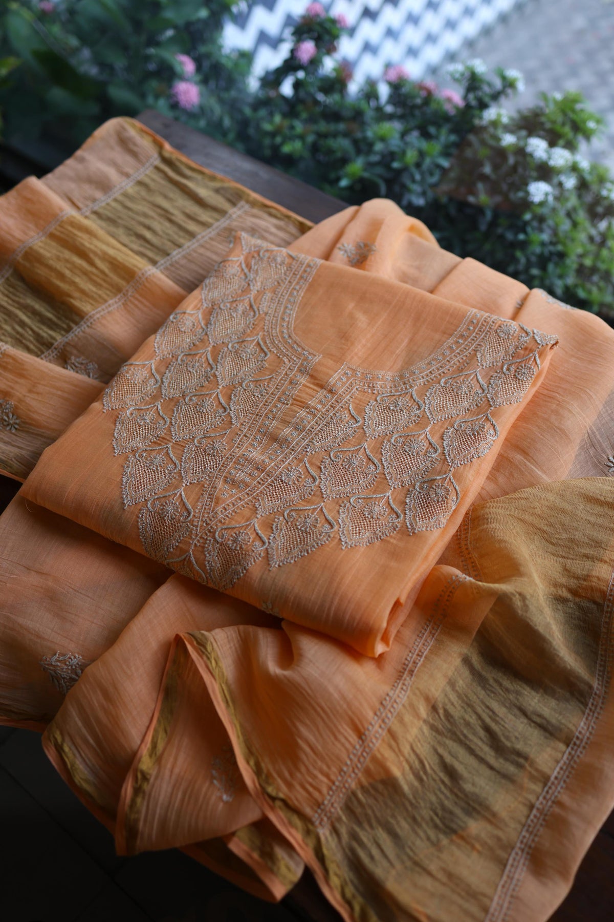 Dark Peach Mal Chanderi Chikankari Unstitched Kurta & Dupatta Set